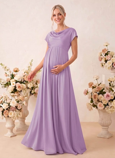 A-Line Cowl Neck Short Sleeve Floor-Length Stretch Satin Maternity Bridesmaid Dresses