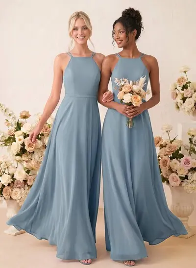 A-Line Scoop Neck Sleeveless Floor-Length Chiffon Bridesmaid Dresses