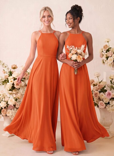 A-Line Scoop Neck Sleeveless Floor-Length Chiffon Bridesmaid Dresses