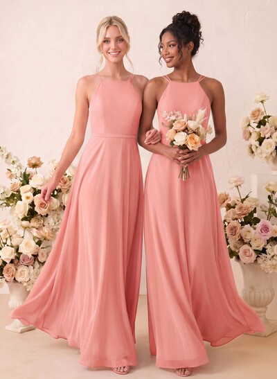 A-Line Scoop Neck Sleeveless Floor-Length Chiffon Bridesmaid Dresses