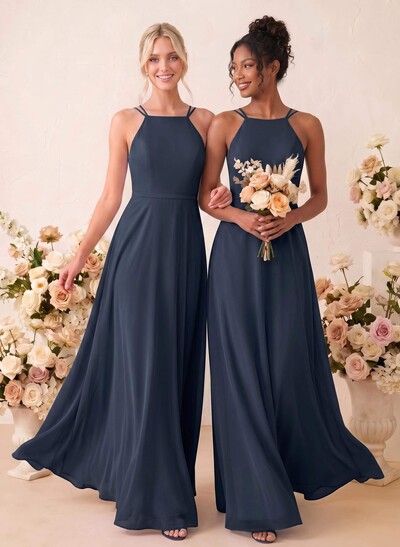 A-Line Scoop Neck Sleeveless Floor-Length Chiffon Bridesmaid Dresses