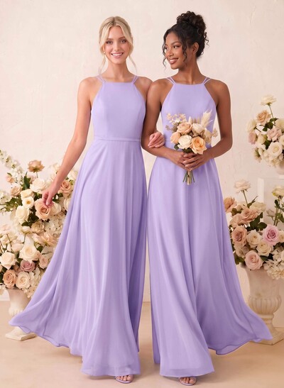 A-Line Scoop Neck Sleeveless Floor-Length Chiffon Bridesmaid Dresses