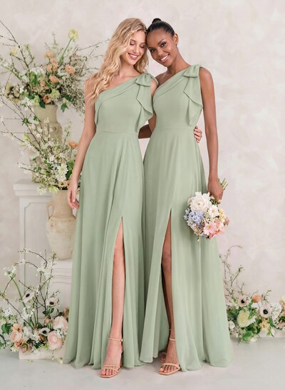 A-Line One-Shoulder Sleeveless Floor-Length Chiffon Bridesmaid Dresses With Split Front/Bow