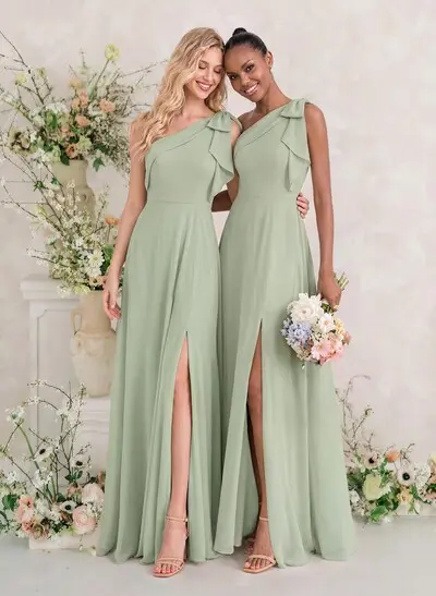 A-Line One-Shoulder Sleeveless Floor-Length Chiffon Bridesmaid Dresses With Split Front/Bow