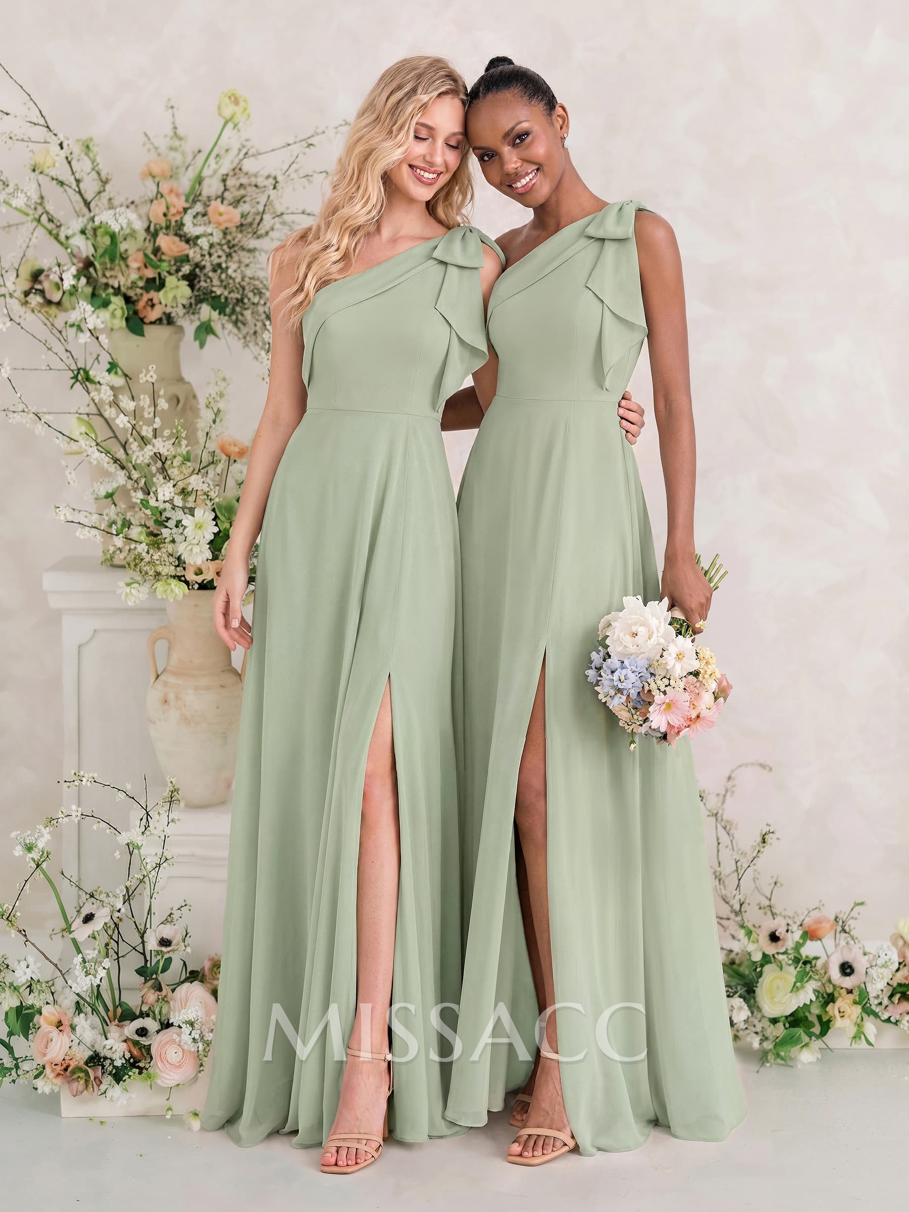 A-Line One-Shoulder Sleeveless Floor-Length Chiffon Bridesmaid Dresses With Split Front/Bow