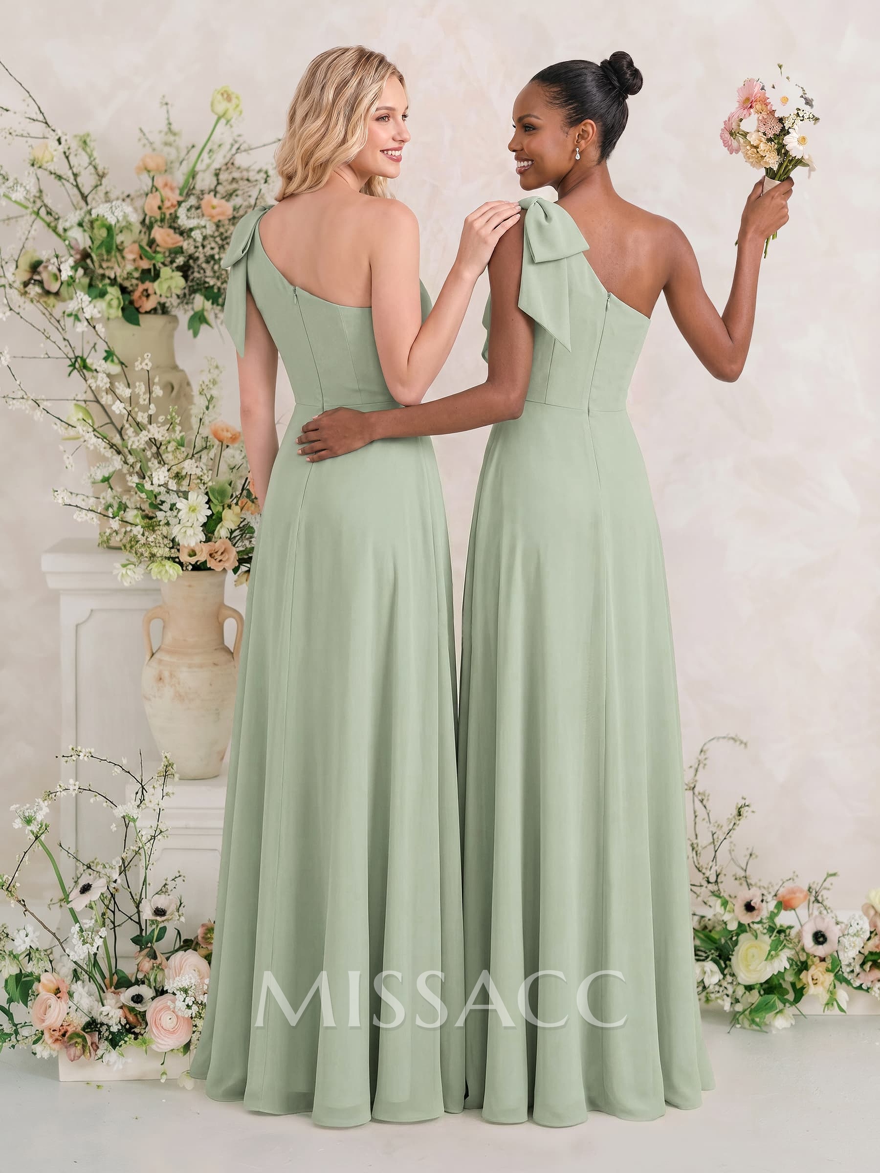 A-Line One-Shoulder Sleeveless Floor-Length Chiffon Bridesmaid Dresses With Split Front/Bow