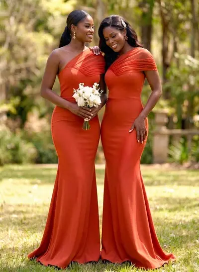 Trumpet/Mermaid One-Shoulder Short Sleeves Sweep Train Tulle/Elastic Satin Bridesmaid Dresses