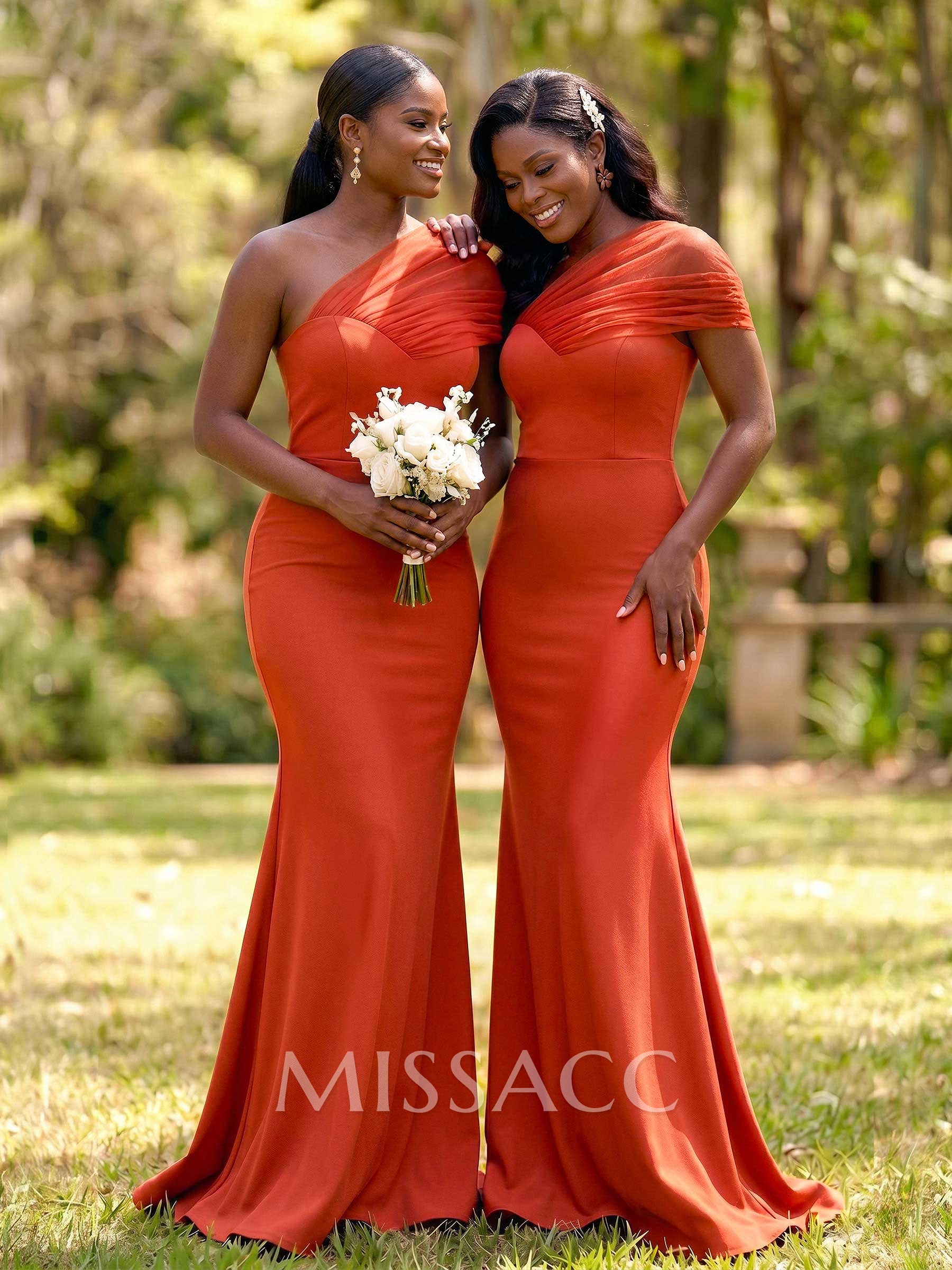 Trumpet/Mermaid One-Shoulder Short Sleeves Sweep Train Tulle/Elastic Satin Bridesmaid Dresses