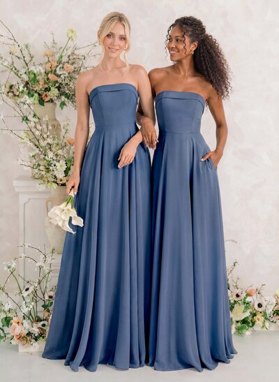 Elegant A-Line Strapless Sleeveless Floor-Length Chiffon Bridesmaid Dresses With Pockets