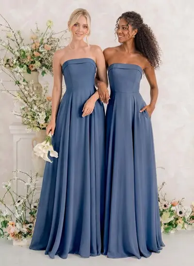 Elegant A-Line Strapless Sleeveless Floor-Length Chiffon Bridesmaid Dresses With Pockets