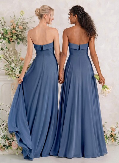 Elegant A-Line Strapless Sleeveless Floor-Length Chiffon Bridesmaid Dresses With Pockets