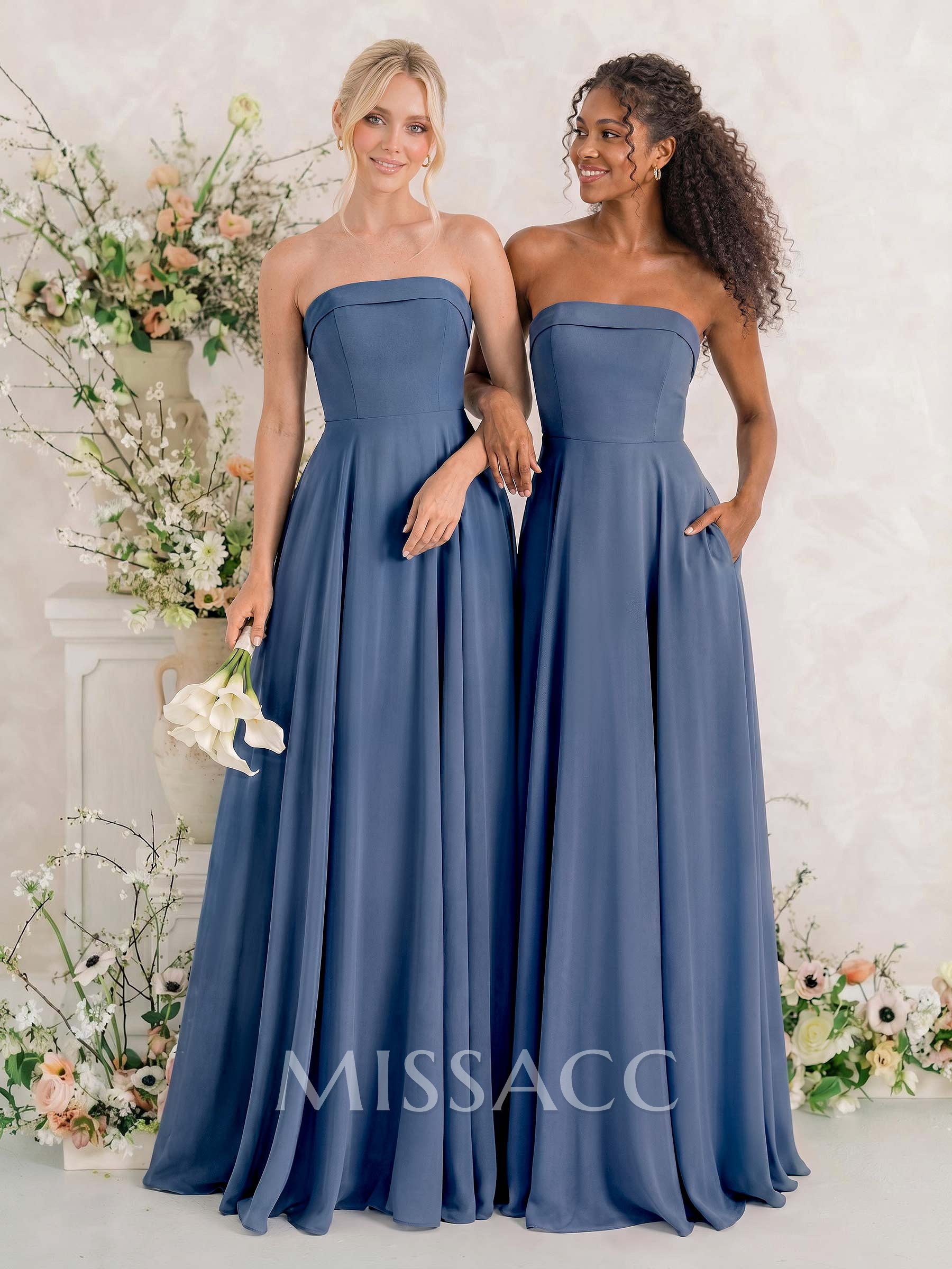 Elegant A-Line Strapless Sleeveless Floor-Length Chiffon Bridesmaid Dresses With Pockets
