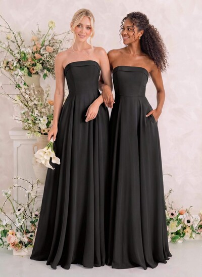 Elegant A-Line Strapless Sleeveless Floor-Length Chiffon Bridesmaid Dresses With Pockets