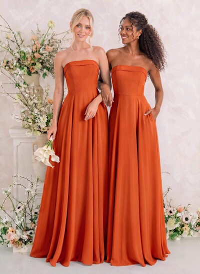 Elegant A-Line Strapless Sleeveless Floor-Length Chiffon Bridesmaid Dresses With Pockets
