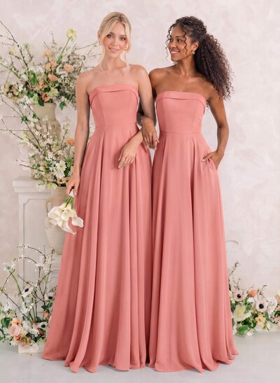 Elegant A-Line Strapless Sleeveless Floor-Length Chiffon Bridesmaid Dresses With Pockets