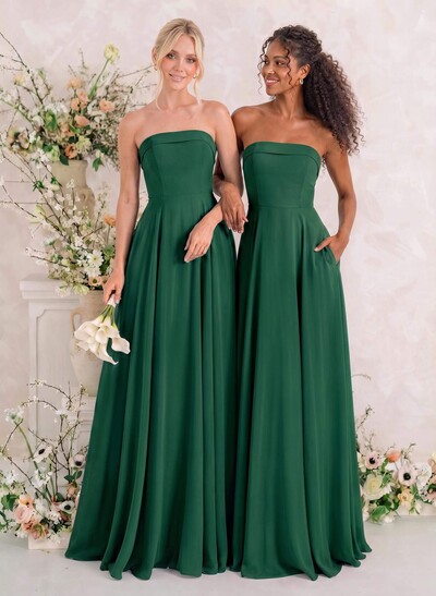 Elegant A-Line Strapless Sleeveless Floor-Length Chiffon Bridesmaid Dresses With Pockets