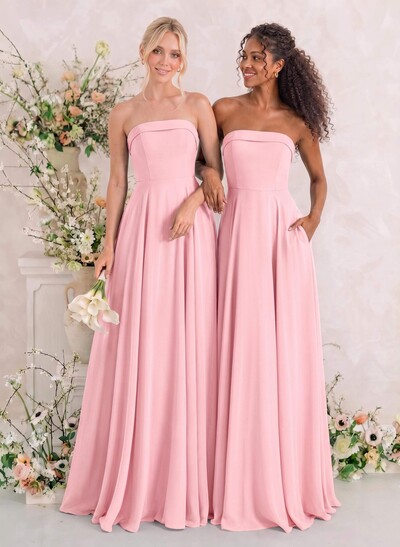 Elegant A-Line Strapless Sleeveless Floor-Length Chiffon Bridesmaid Dresses With Pockets
