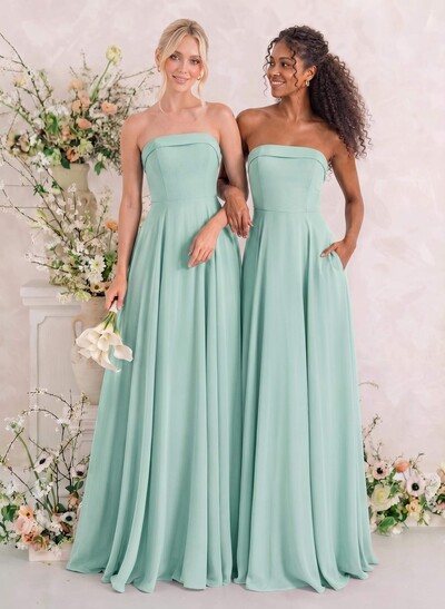 Elegant A-Line Strapless Sleeveless Floor-Length Chiffon Bridesmaid Dresses With Pockets