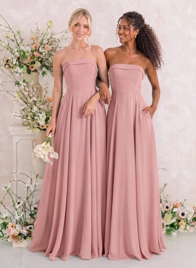 Elegant A-Line Strapless Sleeveless Floor-Length Chiffon Bridesmaid Dresses With Pockets