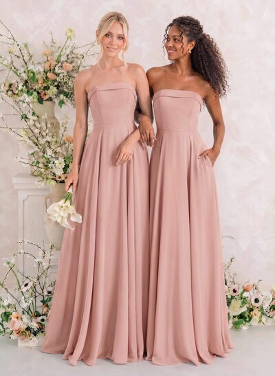 Elegant A-Line Strapless Sleeveless Floor-Length Chiffon Bridesmaid Dresses With Pockets