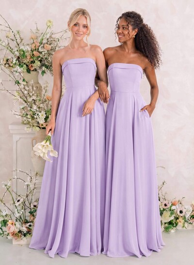 Elegant Bandeau A-Line Chiffon Maxi Bridesmaid Dresses With Pockets