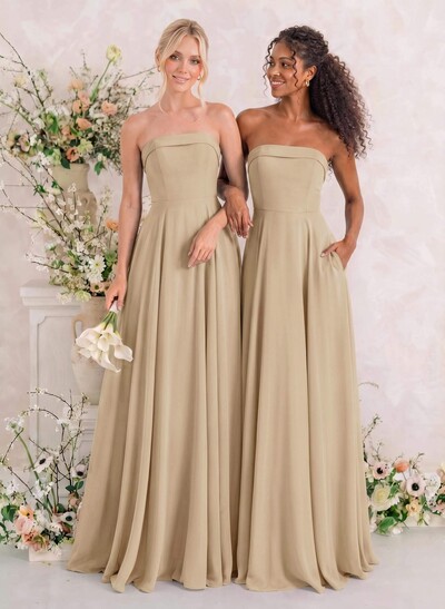 Elegant A-Line Strapless Sleeveless Floor-Length Chiffon Bridesmaid Dresses With Pockets