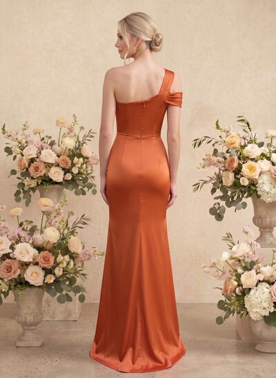 Trumpet/Mermaid One-Shoulder Sleeveless Floor-Length Satin Bridesmaid Dresses