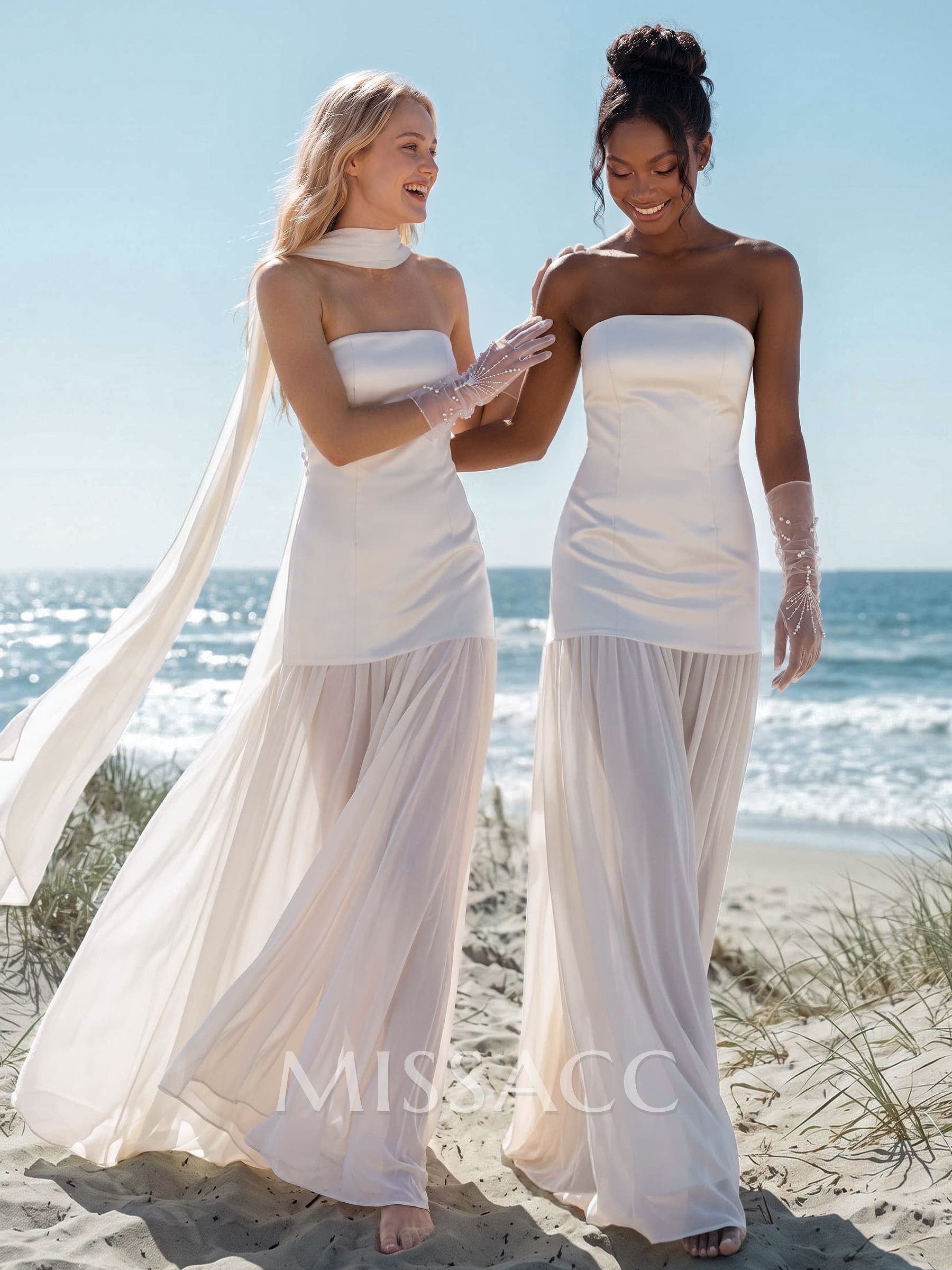 A-Line Strapless Sleeveless Floor-Length Chiffon/Satin Bridesmaid Dresses