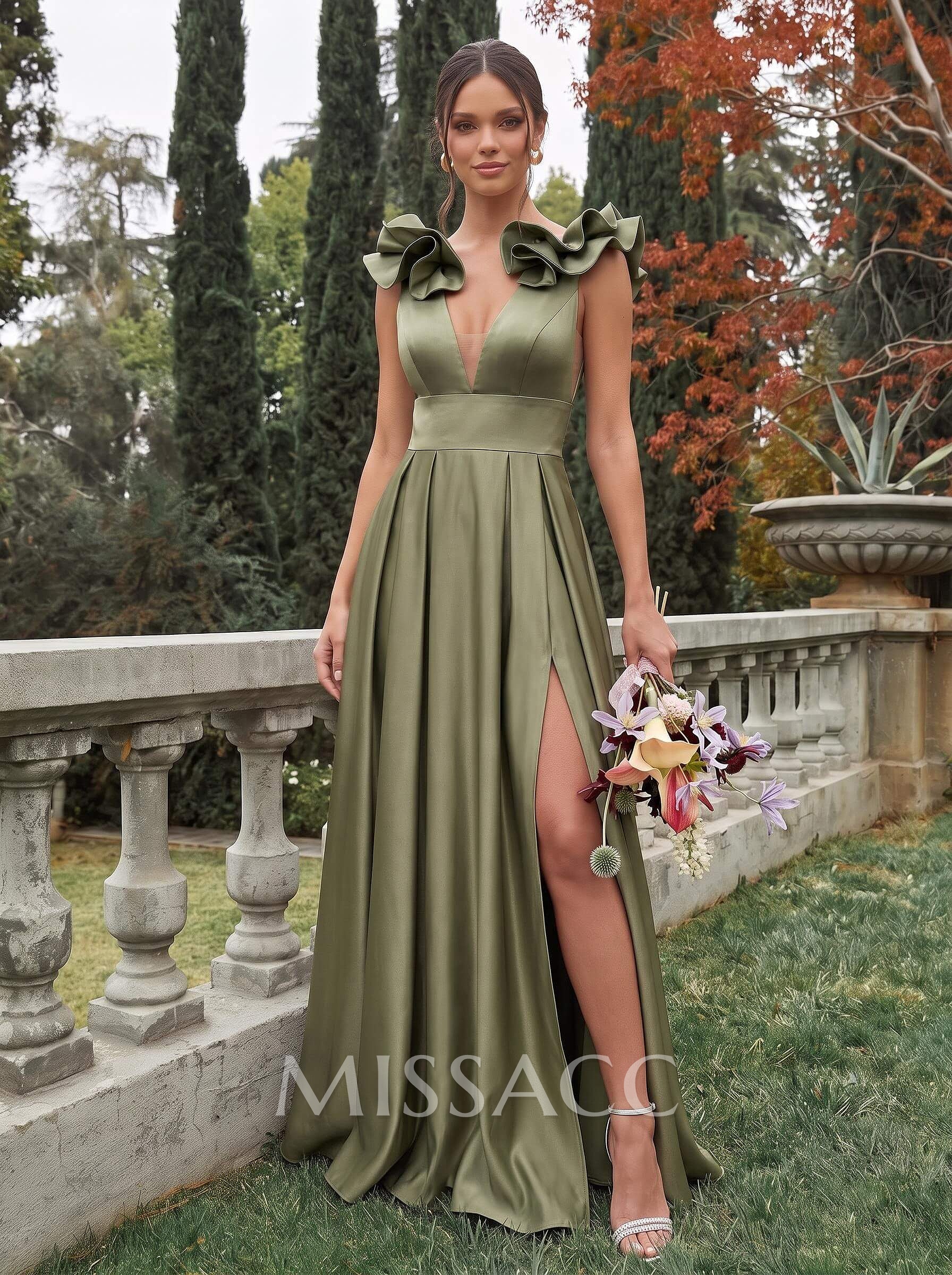 A-Line Plunge Neck Sleeveless Floor-Length Satin Bridesmaid Dresses With Split Front/Pockets/Shoulder Ruffle