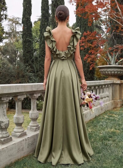 A-Line Plunge Neck Sleeveless Floor-Length Satin Bridesmaid Dresses With Split Front/Pockets/Shoulder Ruffle