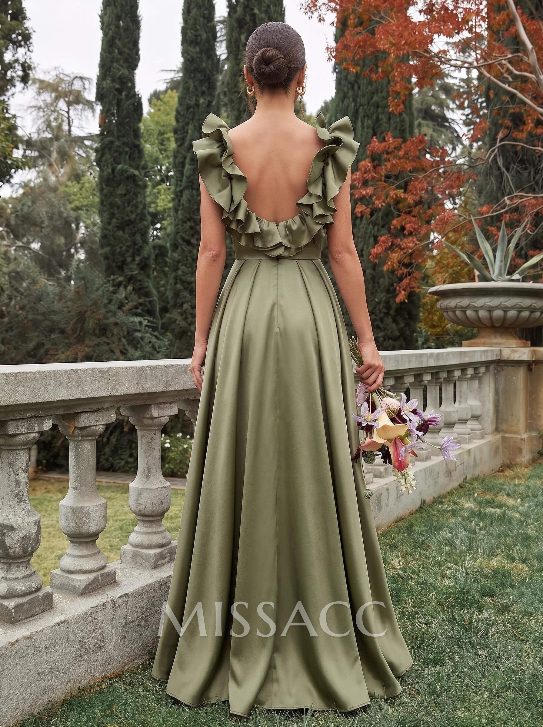 A-Line Plunge Neck Sleeveless Floor-Length Satin Bridesmaid Dresses With Split Front/Pockets/Shoulder Ruffle