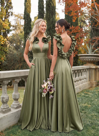 A-Line Plunging Neckline Sleeveless Floor-Length Satin Bridesmaid Dresses With Front Slit, Pockets And Shoulder Ruffles