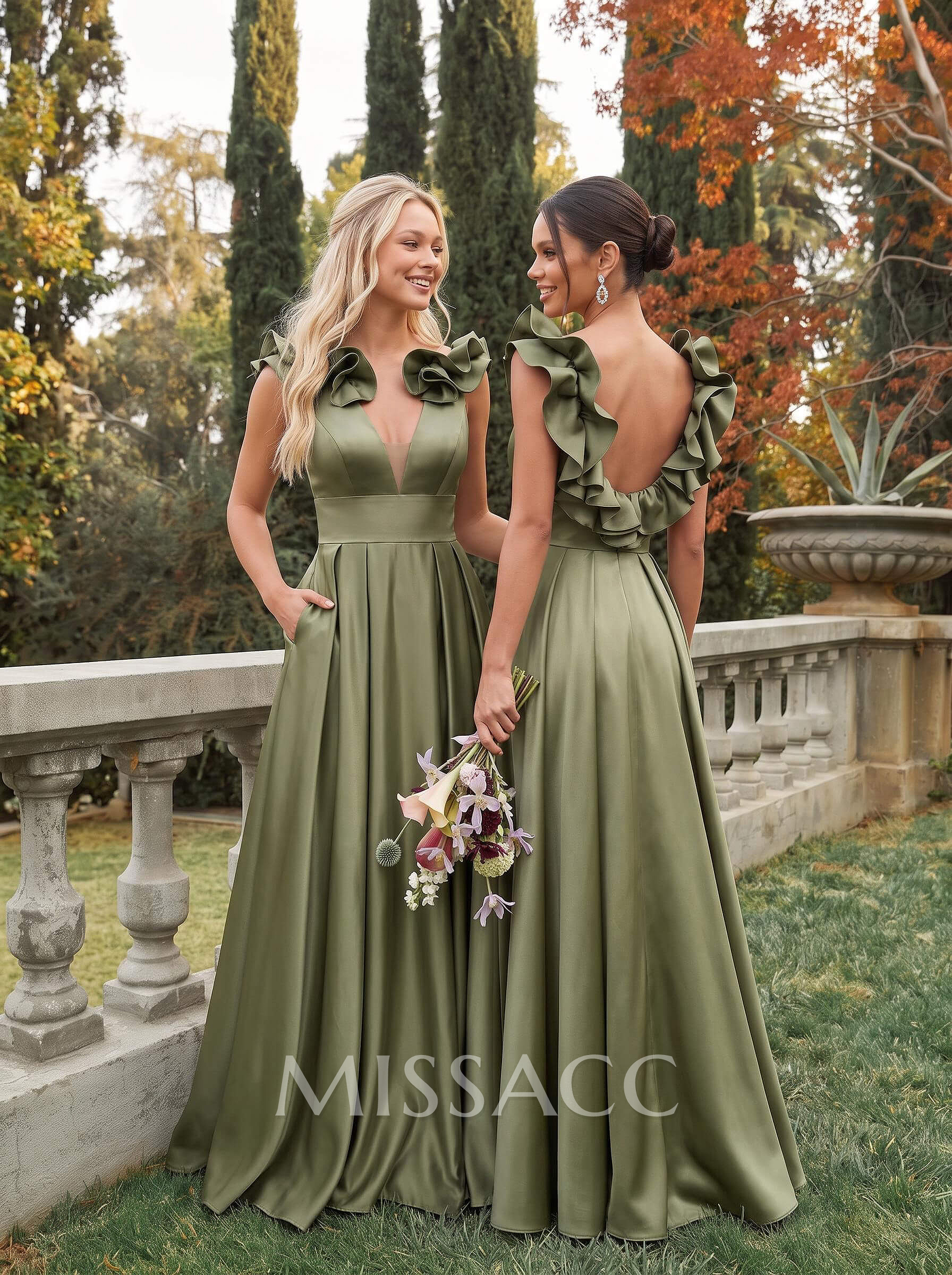 A-Line Plunge Neck Sleeveless Floor-Length Satin Bridesmaid Dresses With Split Front/Pockets/Shoulder Ruffle