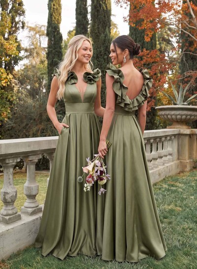 A-Line Plunge Neck Sleeveless Floor-Length Satin Bridesmaid Dresses With Front Slit, Pockets And Shoulder Frills