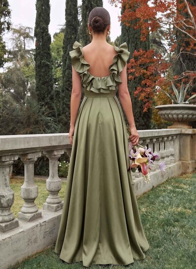 A-Line Plunge Neck Sleeveless Floor-Length Satin Bridesmaid Dresses With Front Slit, Pockets And Shoulder Frills