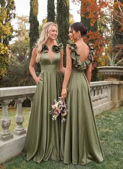 A-Line Plunge Neck Sleeveless Floor-Length Satin Bridesmaid Dresses With Split Front/Pockets/Shoulder Ruffle