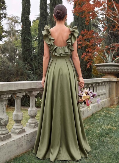 A-Line Plunge Neck Sleeveless Floor-Length Satin Bridesmaid Dresses With Split Front/Pockets/Shoulder Ruffle