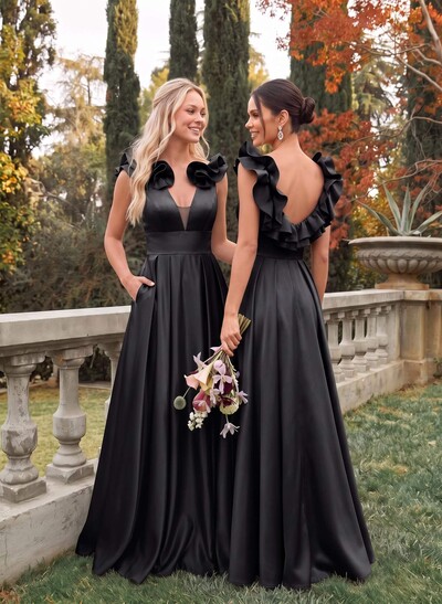A-Line Plunge Neck Sleeveless Maxi Satin Bridesmaid Dresses With Front Slit, Pockets And Shoulder Ruffles