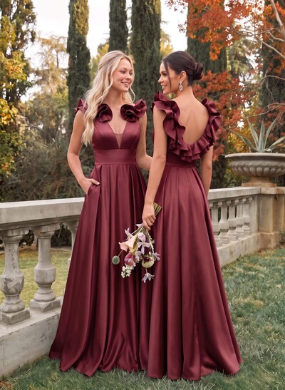 A-Line Plunge Neck Sleeveless Floor-Length Satin Bridesmaid Dresses With Split Front/Pockets/Shoulder Ruffle