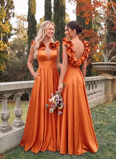 A-Line Plunging Neckline Sleeveless Floor-Length Satin Bridesmaid Dresses With Front Slit, Pockets And Shoulder Ruffles