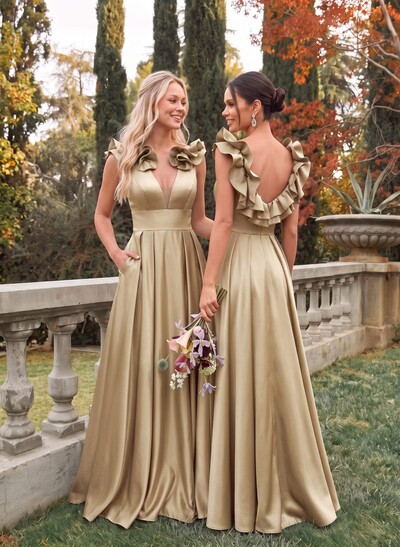 A-Line Plunge Neck Sleeveless Floor-Length Satin Bridesmaid Dresses With Split Front/Pockets/Shoulder Ruffle