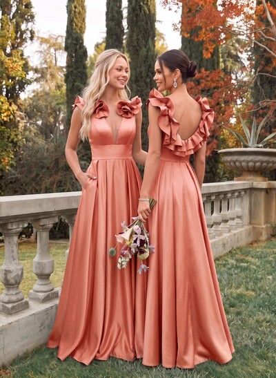 A-Line Plunge Neck Sleeveless Floor-Length Satin Bridesmaid Dresses With Split Front/Pockets/Shoulder Ruffle