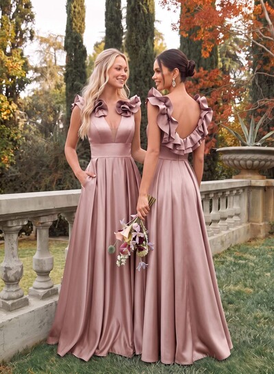 A-Line Plunge Neck Sleeveless Floor-Length Satin Bridesmaid Dresses With Split Front/Pockets/Shoulder Ruffle