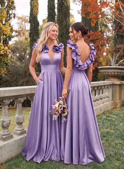 A-Line Plunge Neck Sleeveless Floor-Length Satin Bridesmaid Dresses With Split Front/Pockets/Shoulder Ruffle