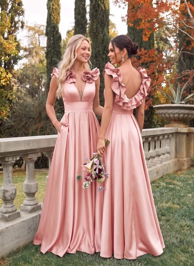 A-Line Plunge Neck Sleeveless Floor-Length Satin Bridesmaid Dresses With Split Front/Pockets/Shoulder Ruffle