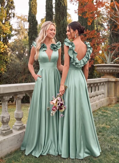 A-Line Plunge Neck Sleeveless Floor-Length Satin Bridesmaid Dresses With Split Front/Pockets/Shoulder Ruffle