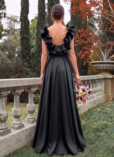 A-Line Plunge Neck Sleeveless Maxi Satin Bridesmaid Dresses With Front Slit, Pockets And Shoulder Ruffles