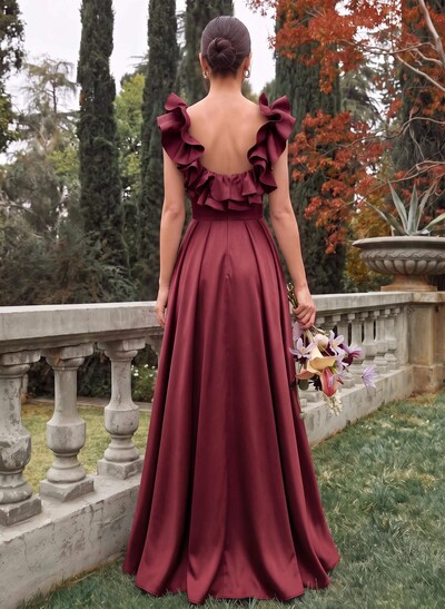 A-Line Plunge Neck Sleeveless Floor-Length Satin Bridesmaid Dresses With Split Front/Pockets/Shoulder Ruffle