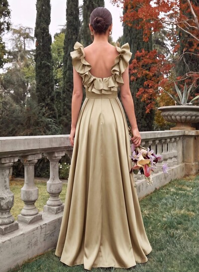 A-Line Plunge Neck Sleeveless Floor-Length Satin Bridesmaid Dresses With Split Front/Pockets/Shoulder Ruffle