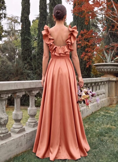 A-Line Plunge Neck Sleeveless Floor-Length Satin Bridesmaid Dresses With Split Front/Pockets/Shoulder Ruffle